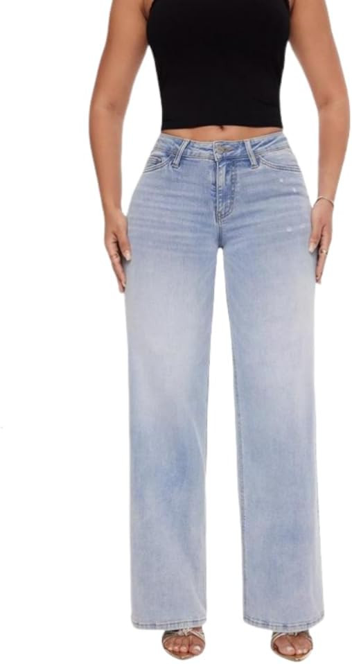 ONESO Mid-Low Rise Baggy Jeans Wide Leg for Women Distressed Pants Stretchy Bottom Lady Basic Com... | Amazon (US)