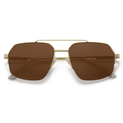 SOJOS Trendy Aviator Sunglasses Mens Womens Retro Double Bridge Metal Frame Semi-Rimless Shades Lentes De Sol Para Mujer SJ1191 Brown | Amazon (US)