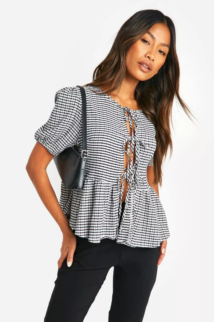 Gingham Tie Front Puff Sleeve Smock Top | boohoo (US & Canada)