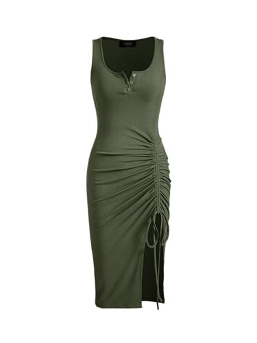 CIDER Rib Button Drawstring Midi Dress: Olive Green, M | Amazon (US)