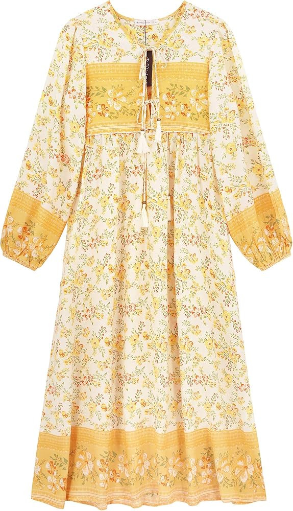R.Vivimos Women's Long Sleeve Floral Print Retro V Neck Tassel Bohemian Midi Dresses | Amazon (US)