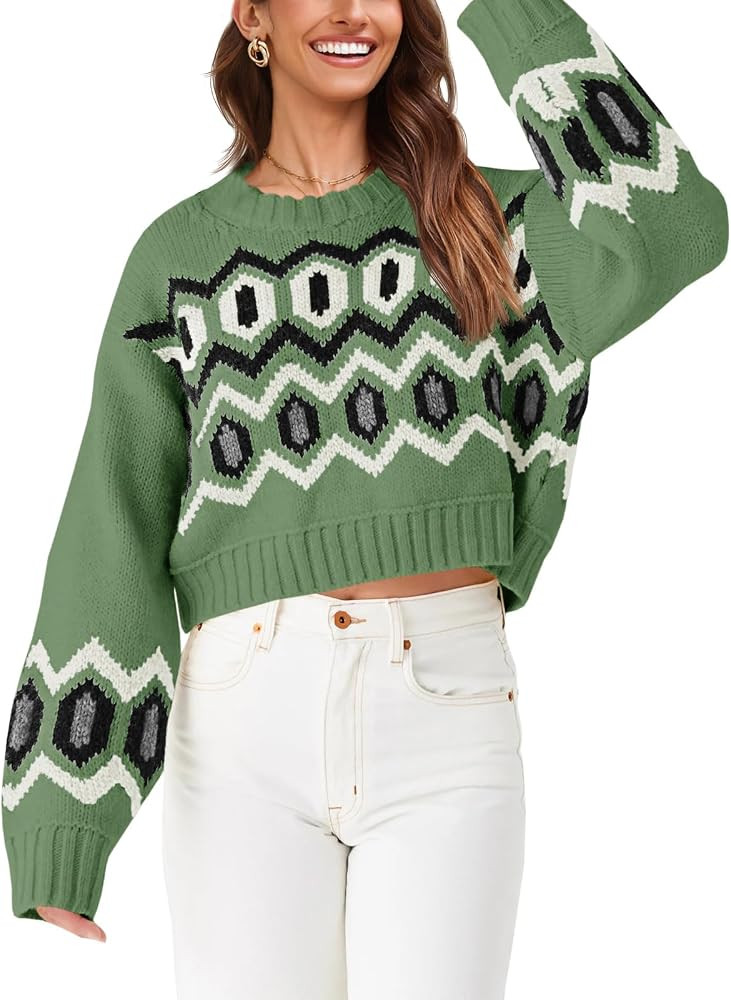 Saodimallsu Womens Cropped Sweaters Chunky Knit Color Block Long Sleeve Crew Neck Vintage Graphic... | Amazon (US)