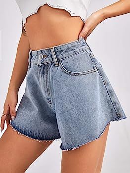 SweatyRocks Women's Casual Rhinestone Fringe Raw Hem Ripped Denim Jeans Shorts | Amazon (US)