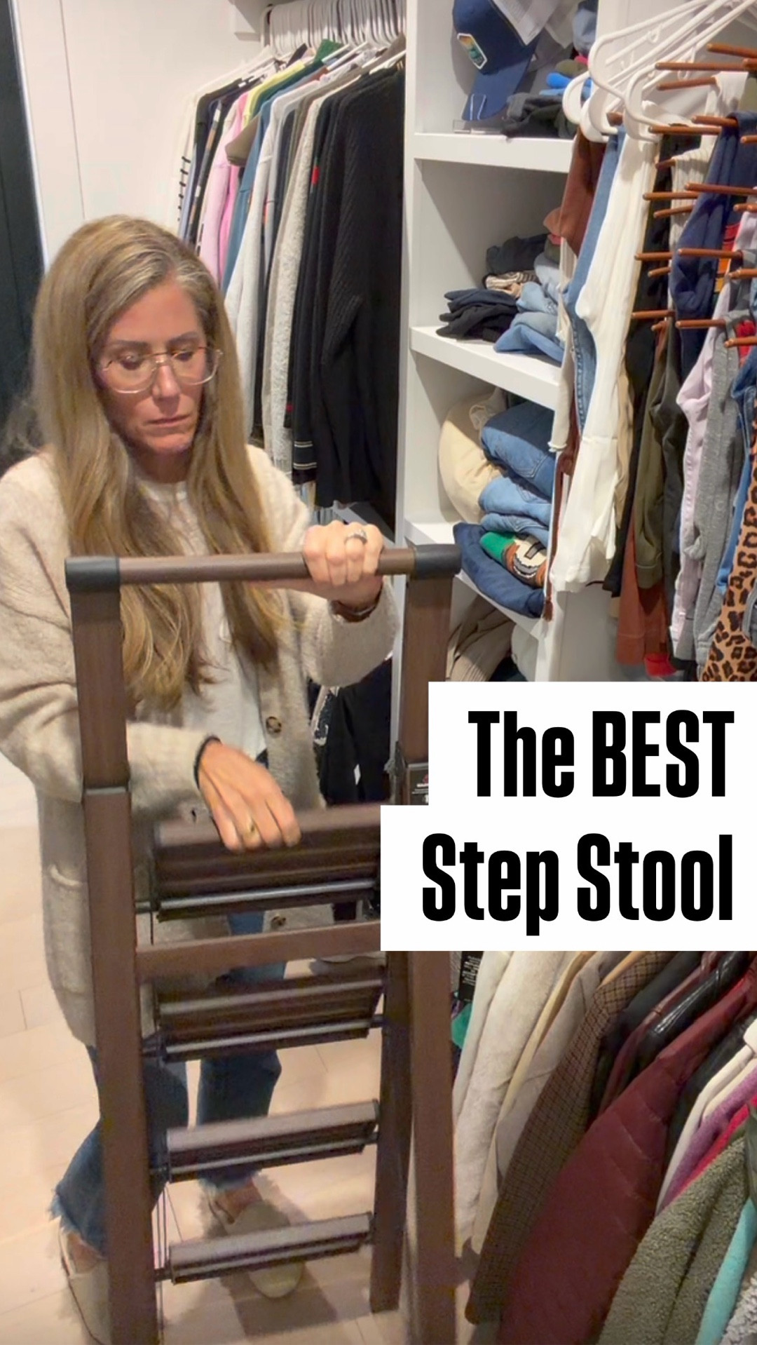 Easily the most sturdy and stylish step stool I’ve ever owned. This one usually
Lives in our kitchen, so I just ordered the 3 step version in white for our closet  

https://amzn.to/46CRpvQ

#LTKHome