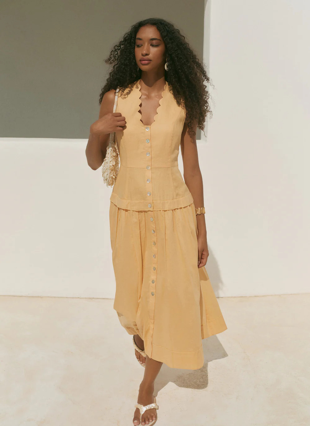 Yellow Ramie Drop Waist Midi Dress | Mint Velvet