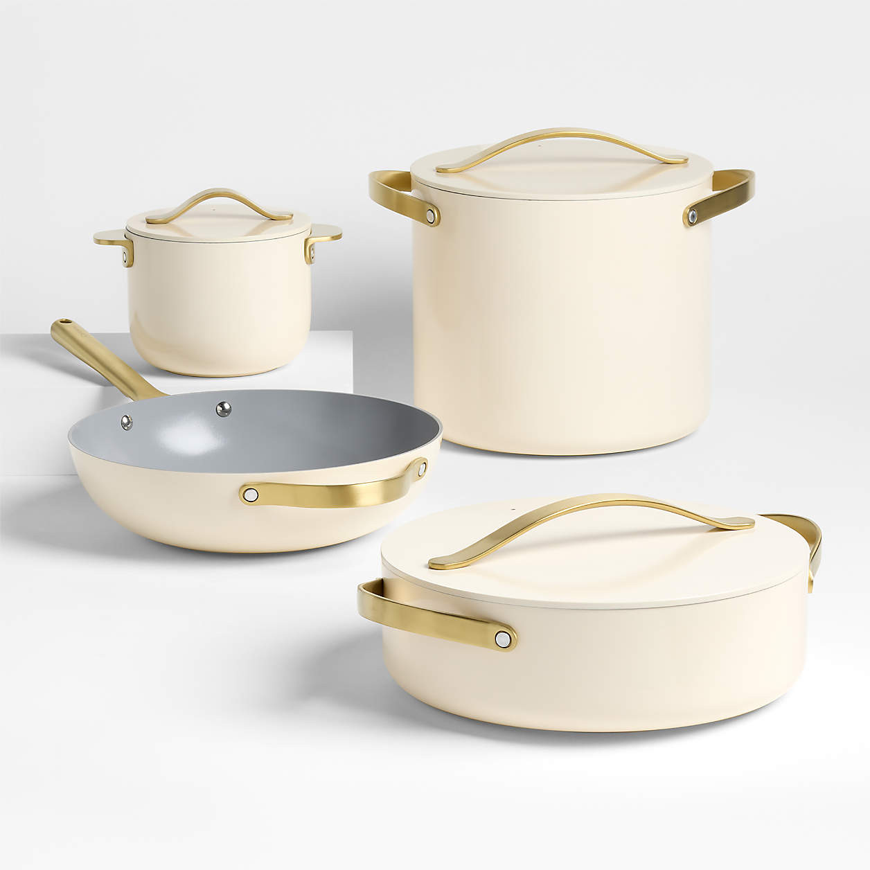 Caraway Cookware+ Cream Ceramic Non-Stick 8-Piece Cookware Set with Gold Hardware + Reviews | Cra... | Crate & Barrel
