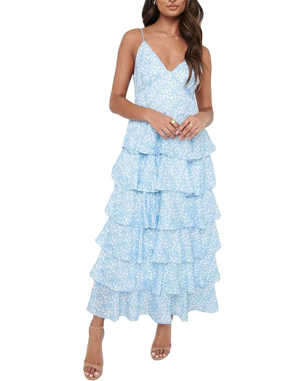 Sunloudy Women Sexy Ruffles Bodycon Dress Spaghetti Strap Split Long Dress Sleeveless Ruffle Hem ... | Amazon (US)