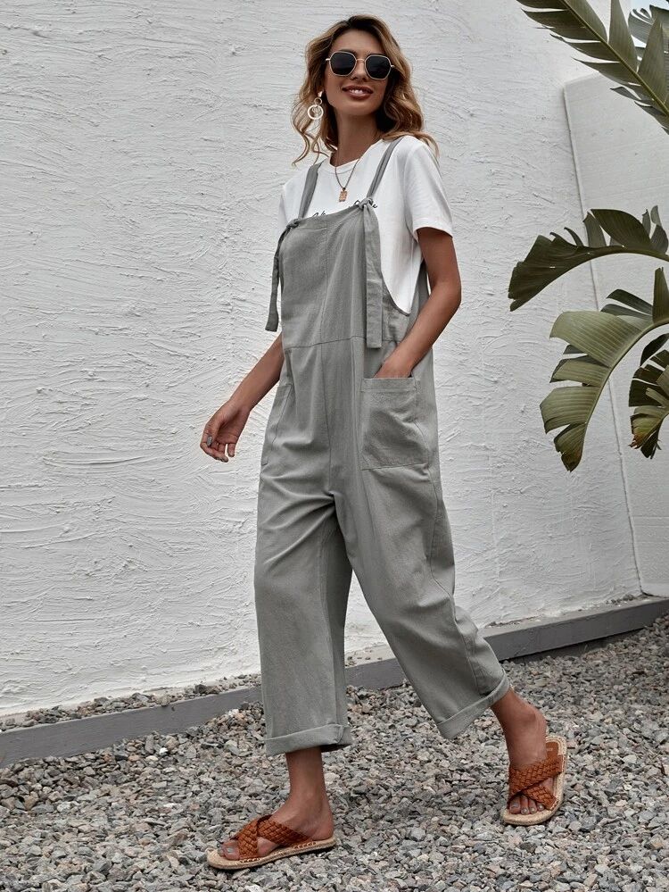 Solid Dual Pocket Suspender Jumpsuit | SHEIN