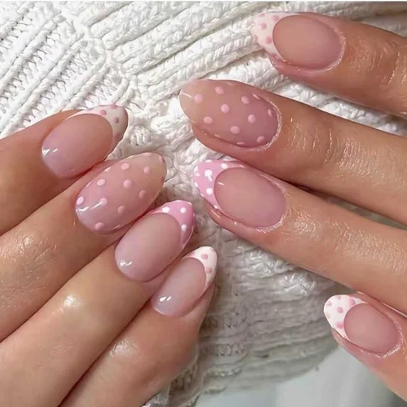 24Pcs Polka Dot French Press On Nails, Soft Pink & White Contrast Short Almond False Nails | Walmart (US)