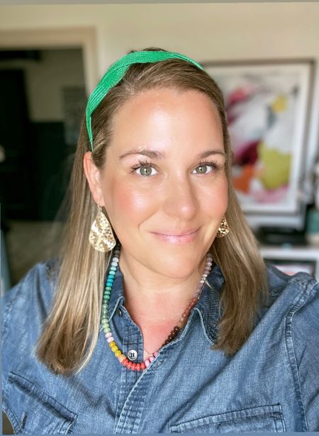 Fall outfit, denim shirt, Walmart fashion, green headband, rainbow necklace, Erin McDermott jewelry, fall fashion 

#LTKstyletip #LTKunder50 #LTKSeasonal