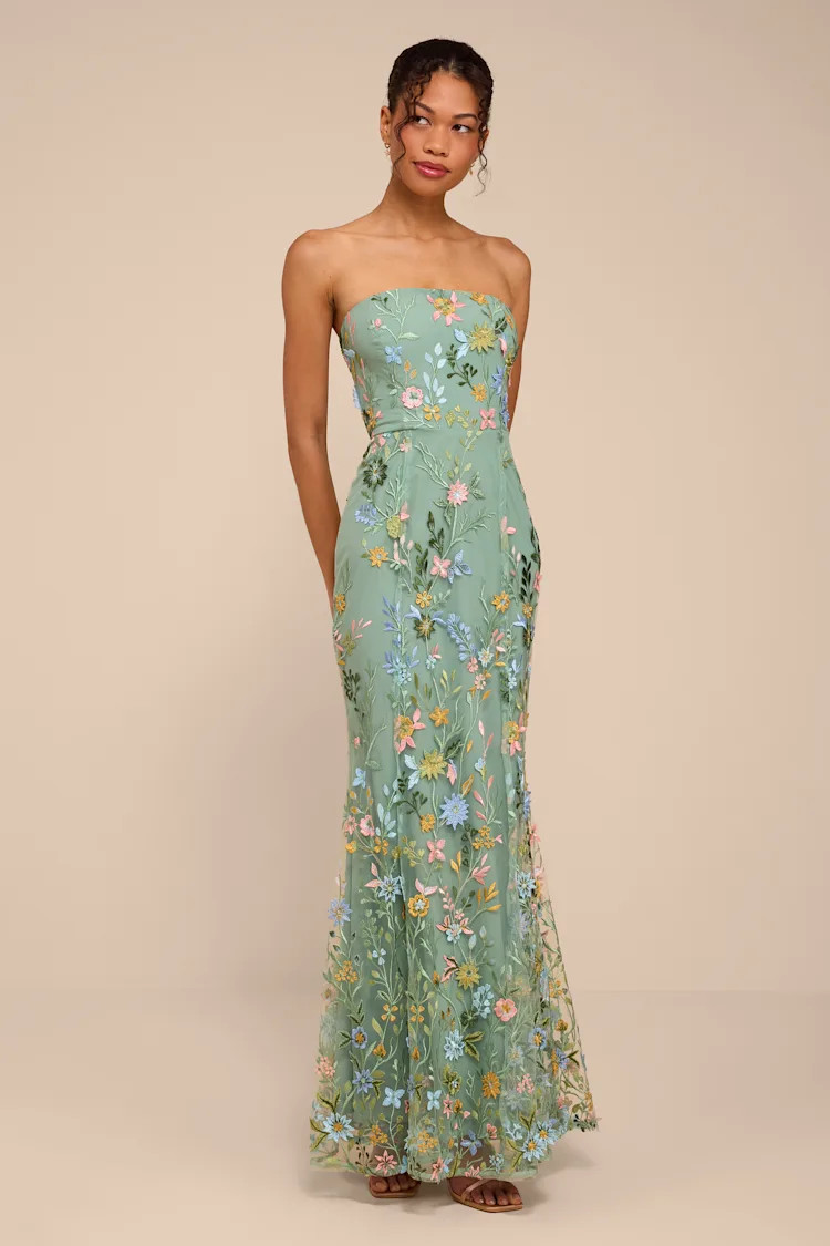 Stefanie Dark Sage Floral Embroidered Mermaid Maxi Dress | Lulus