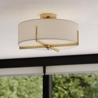 VAXCEL Surrey 18-in W Natural Brass Mid-Century Modern Semi Flush Mount Ceiling Light White Linen... | The Home Depot