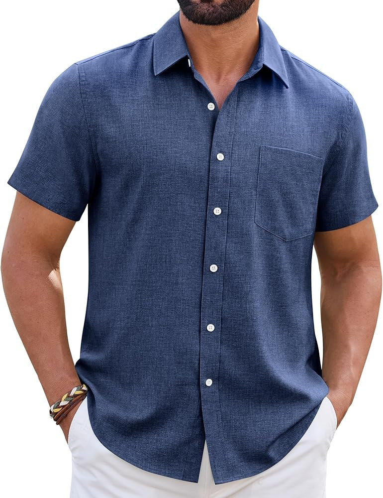 Mens Linen Shirt Short Sleeve Wrinkle Free Casual Untucked Button Down Shirts Beach Breathable To... | Amazon (US)