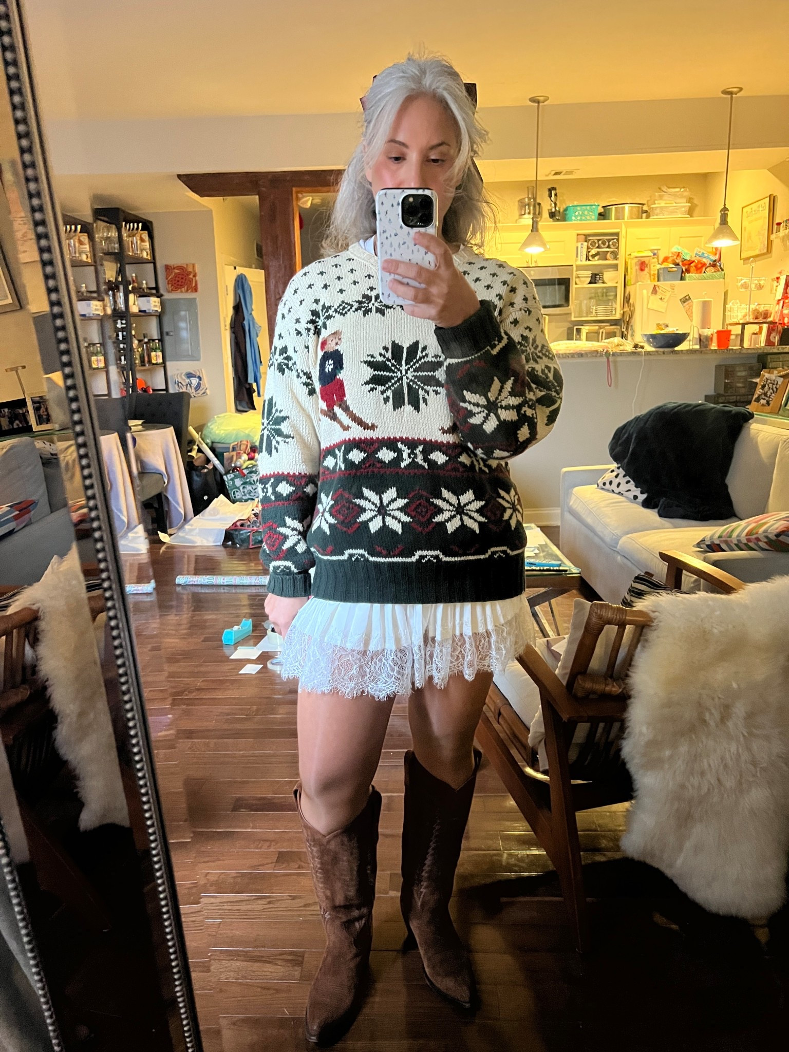 It’s holiday season. Time to show off my boots and sweaters. If you’re not sure what to wear to Friendsgiving or any other holiday gathering grab an oversized sweater and boots. This vintage Ralph Lauren ski bear sweater is no longer available but target made a dupe and Ralph Lauren always carries one every season  

#LTKOver40 #LTKSeasonal #LTKHoliday