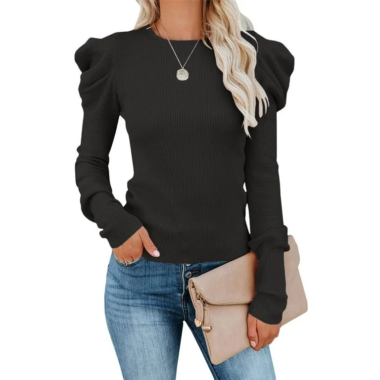 Sherrylily Autumn Woman Puff Sleeve Knit Sweater Long Sleeve Stretchy Pullover Tops | Walmart (US)