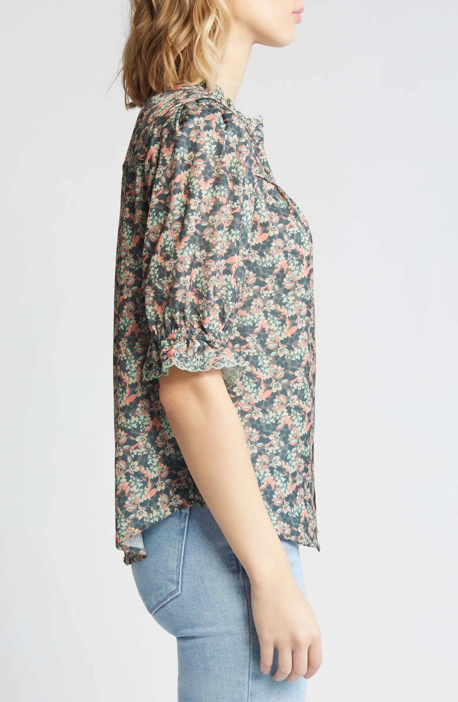 Print Ruffle Eyelet Shirt | Nordstrom