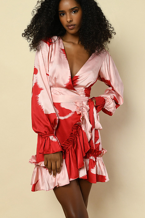 CORALIE DRESS RED BLUSH GLITCH FLORAL SATIN | Hutch | Otrium | Otrium US