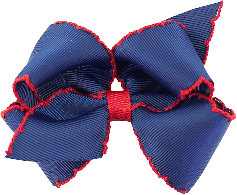 Wee Ones Girls' Classic Grosgrain Moonstitch Edge Hair Bow, No-Slip Hair Clip, Handmade, Navy wit... | Amazon (US)