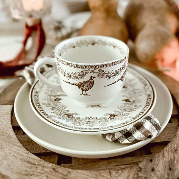 Pheasant Pattern Stoneware Coffee Mug Set of 4 | Antique Farm House