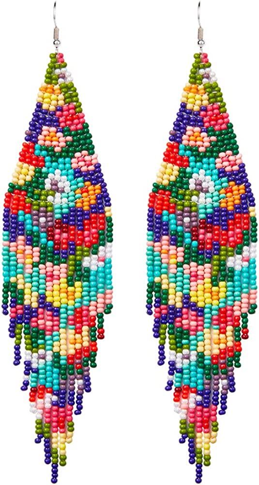 Long Beaded Tassel Earrings - Bohemian Fringe Drop Earrings Statement, Seed Bead Tribal Dangle Ea... | Amazon (US)