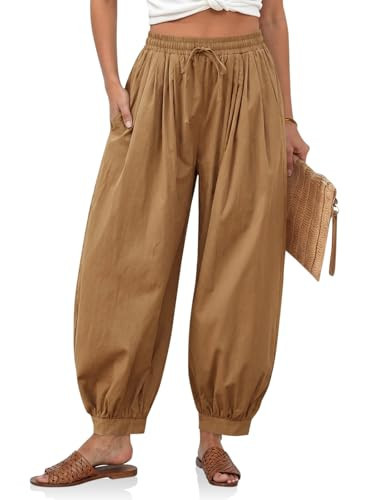 Cicy Bell Womens Baggy Pleated Harem Pants Summer Elastic High Waisted Wide Leg Balloon Cotton Lounge Pants Brown | Amazon (US)
