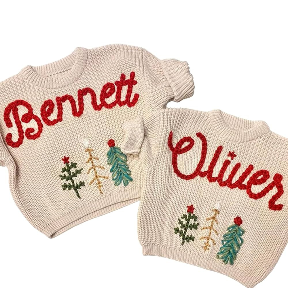 Custom Hand-Embroidered Baby Name Christmas Sweater - Personalized Oversized Toddler Sweater with... | Amazon (US)