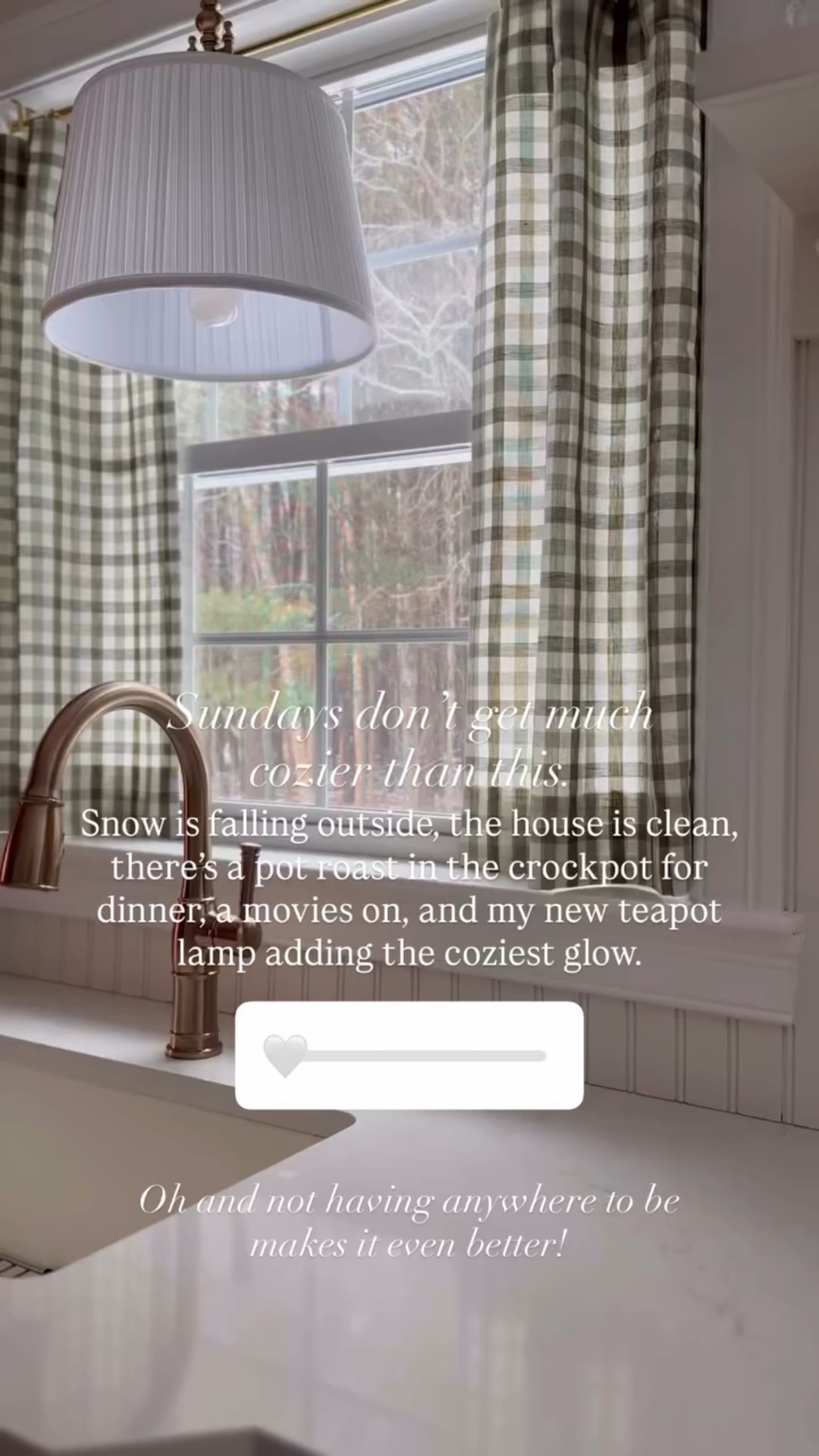 Sundays don’t get much cozier than this. Oh and not having anywhere to be makes it even better! Snow is falling outside, the house is clean, there’s a pot roast in the crockpot for dinner, a movies on, and my new teapot lamp adding the coziest glow.