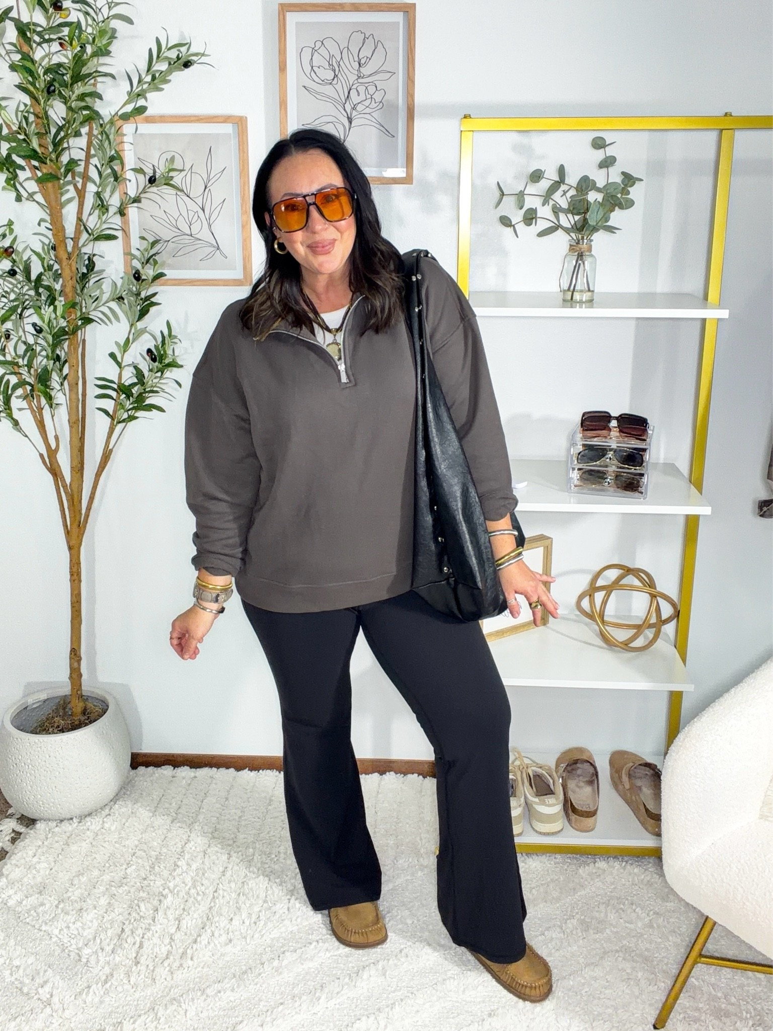 OOTD!  Men’s fleece quarter zip find! Love this brown color. Wearing a medium for a more fitted look. Large would give the perfect oversized fit. XL tank. XL flare leggings. Mules run true to size. Linked similar bag styles!

#LTKMidsize #LTKOver40 #LTKootd