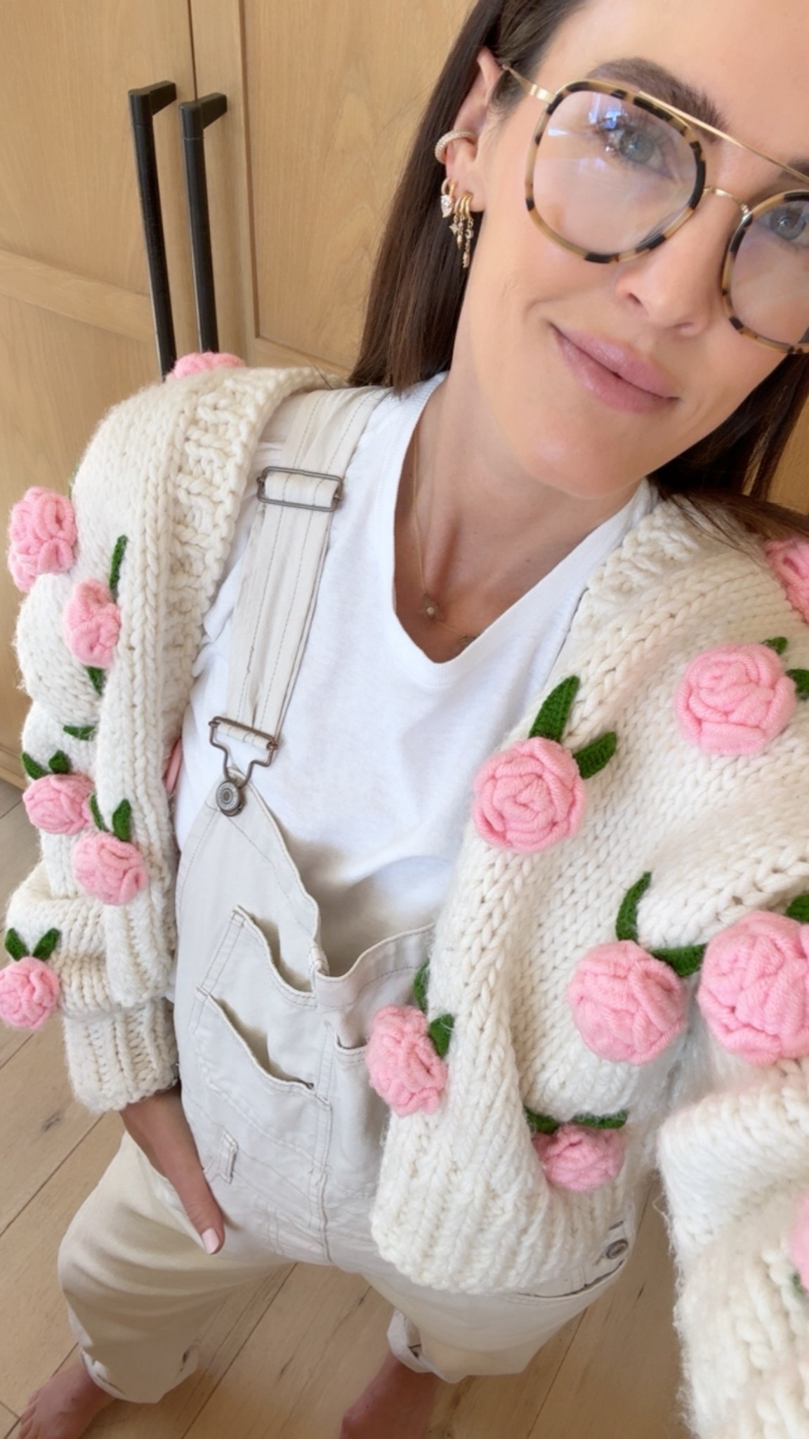Today’s spring outfit - cotton tee, cream overalls, handmade flower sweater from Etsy🌸, blue light blocking glasses and  earrrint stack ✨

#LTKootd #LTKSeasonal