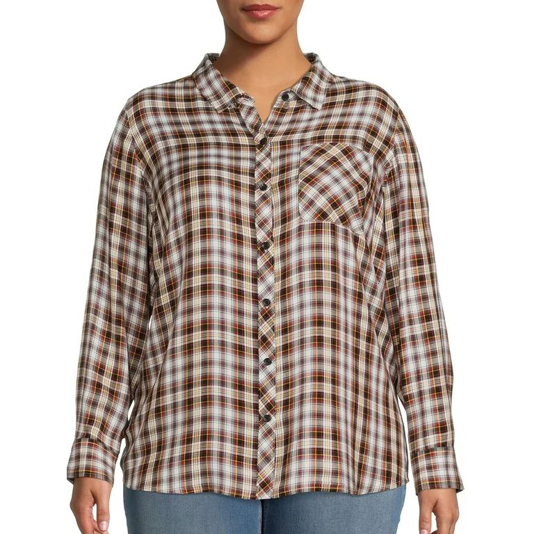 Terra & Sky Women's Plus Size Plaid Button-Down Shirt | Walmart (US)