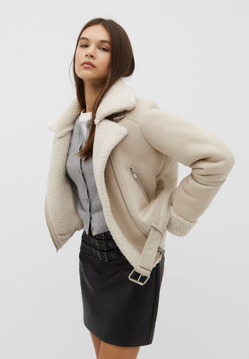 Faux suede faux shearling biker jacket | Stradivarius (UK)