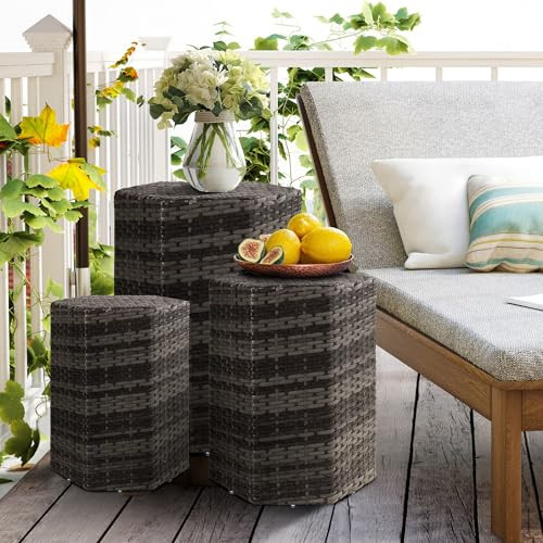 Sundale Outdoor Wicker Side Table Set of 3, Nesting Rattan Coffee End Tables for Small Spaces, Weatherproof Patio Furniture, Lightweight Indoor/Outdoor Use, Dark Grey | Amazon (US)