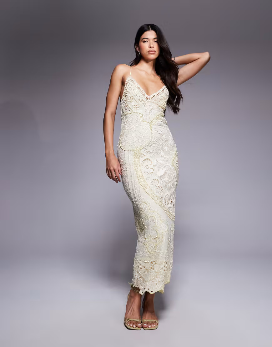 ASOS DESIGN lace applique embellished cami maxi in yellow | ASOS (Global)