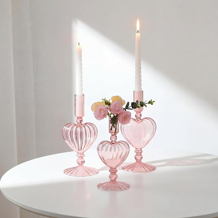 Maxdot 3 Pcs Valentine's Day Pink Glass Candle Holders Pink Heart Glass Taper Candle Holders Hear... | Amazon (US)