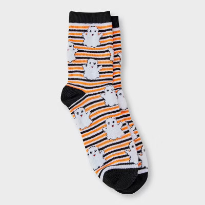 Women's Striped Fuzzy Ghost Halloween Crew Socks - Hyde and EEK! Boutique™ Black/White/Orange 4 -10 | Target
