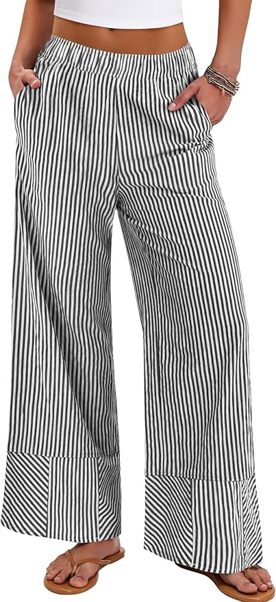 ANRABESS Womens Gingham Pants Checkered Plaid Striped Boxer Wide Leg Palazzo Pants Lounge PJ Bott... | Amazon (US)