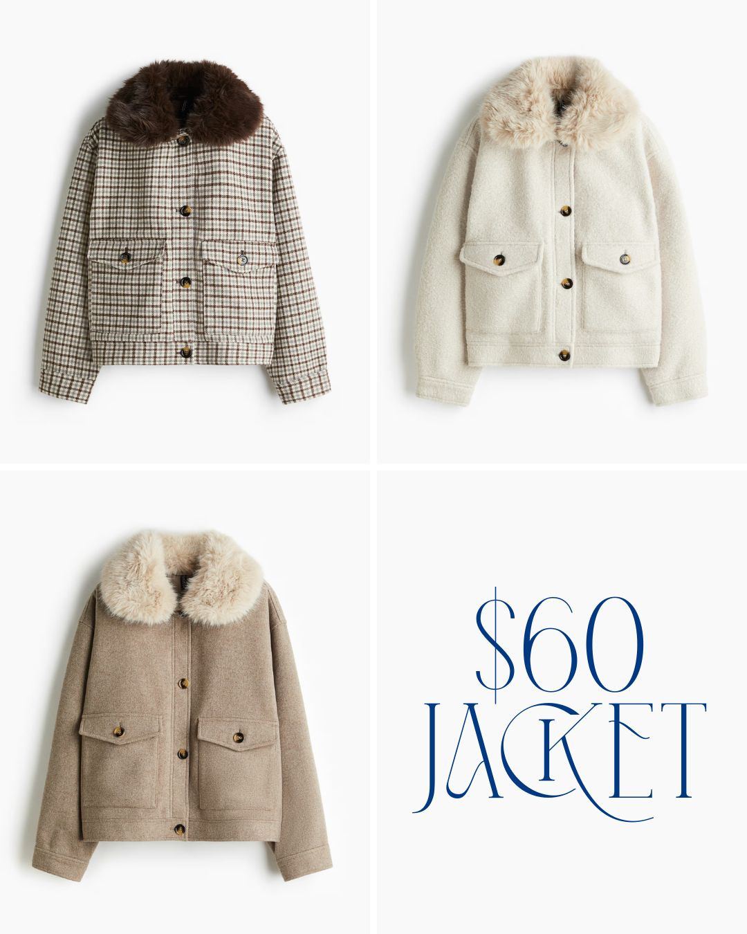 $60 fur collar jacket from H&M! Comes in 3 different, but neutral colors!

 

 #LTKSeasonal #LTKFindsUnder100 #LTKStyleTip