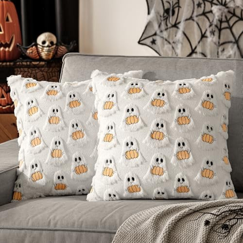 MIULEE Halloween Pillow Covers Decorative Fall Cute Ghost Plush Faux Fur Pillows 18x18 Inch Set of 2 Soft Pumpkin Accents for Sofa Couch Bed Living Room Festive Home Decor, White Orange | Amazon (US)