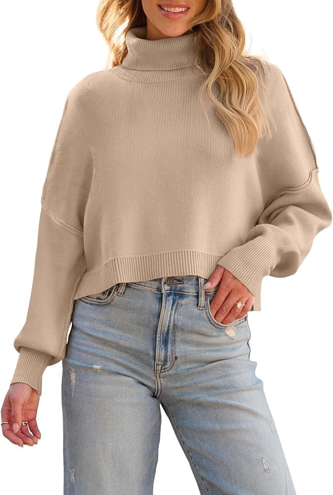 MEROKEETY Women's Turtleneck Cropped Sweater 2024 Batwing Sleeve Oversized Ribbed Knit Pullover J... | Amazon (US)