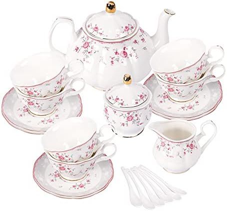fanquare Vintage Porcelain Tea Set for Women Tea Party, Tea Cup and Saucer Set for 6, Wedding Flo... | Amazon (US)