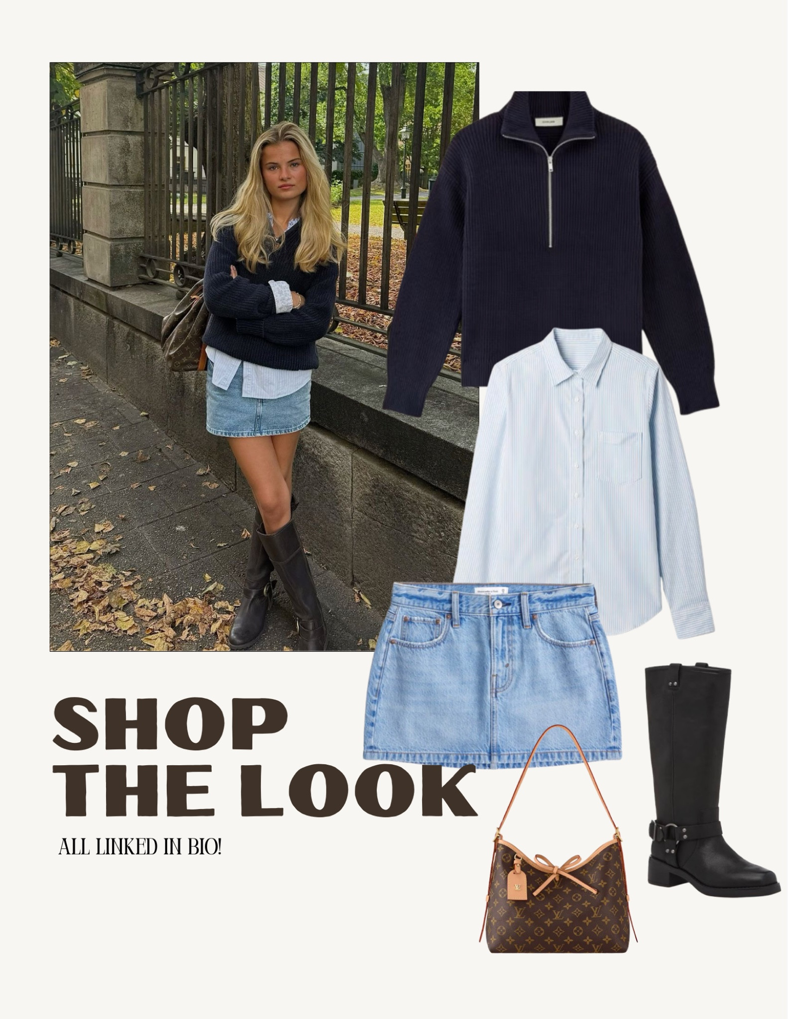 Preppy Fall Outfit Ideas: navy quarter zip, striped button down shirt, denim mini skirt, Moto boots, and LV bag


#LTKShoeCrush #LTKStyleTip #LTKItBag
