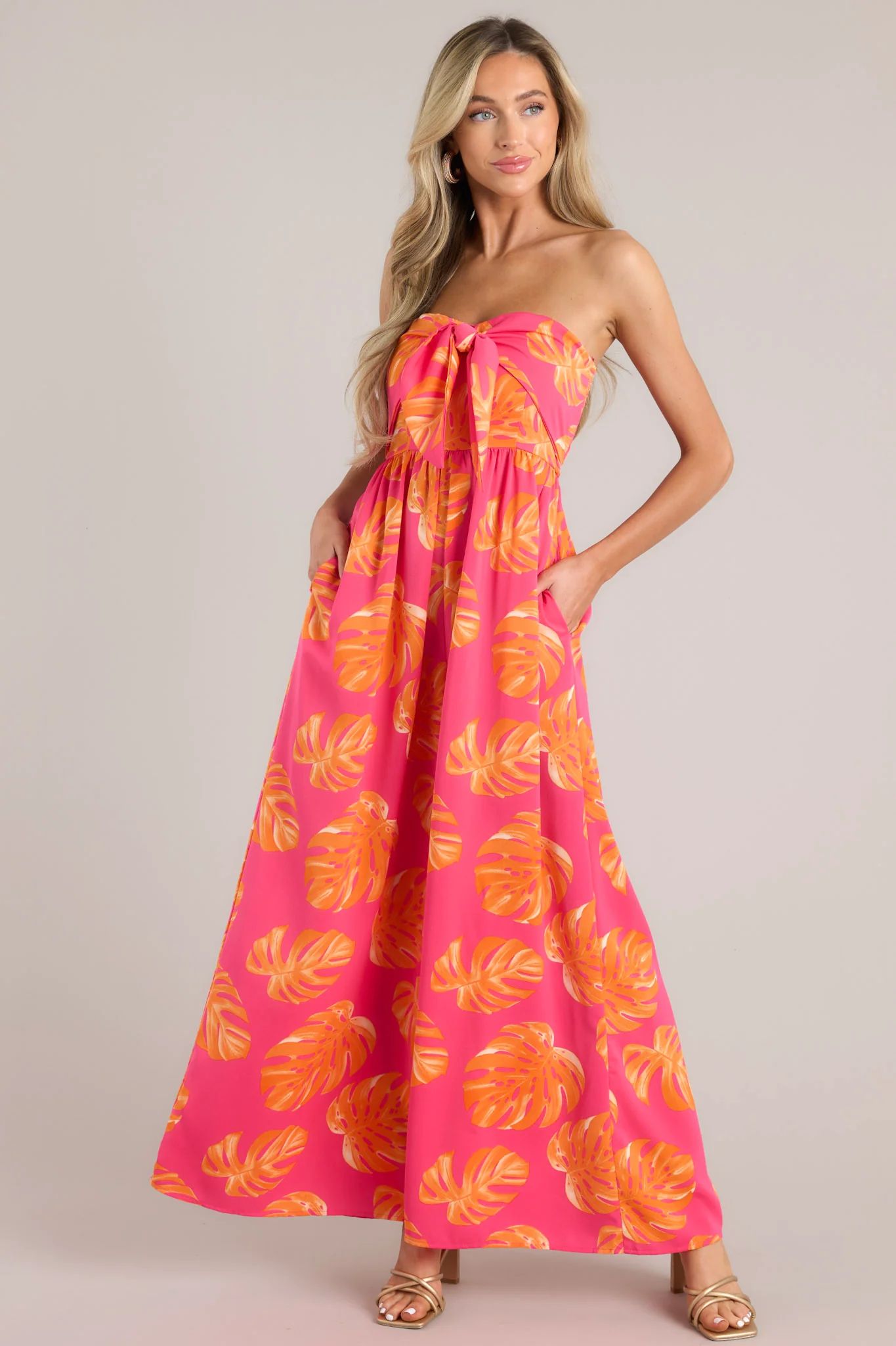 Beach Bliss Hot Pink & Orange Tropical Print Strapless Jumpsuit | Red Dress