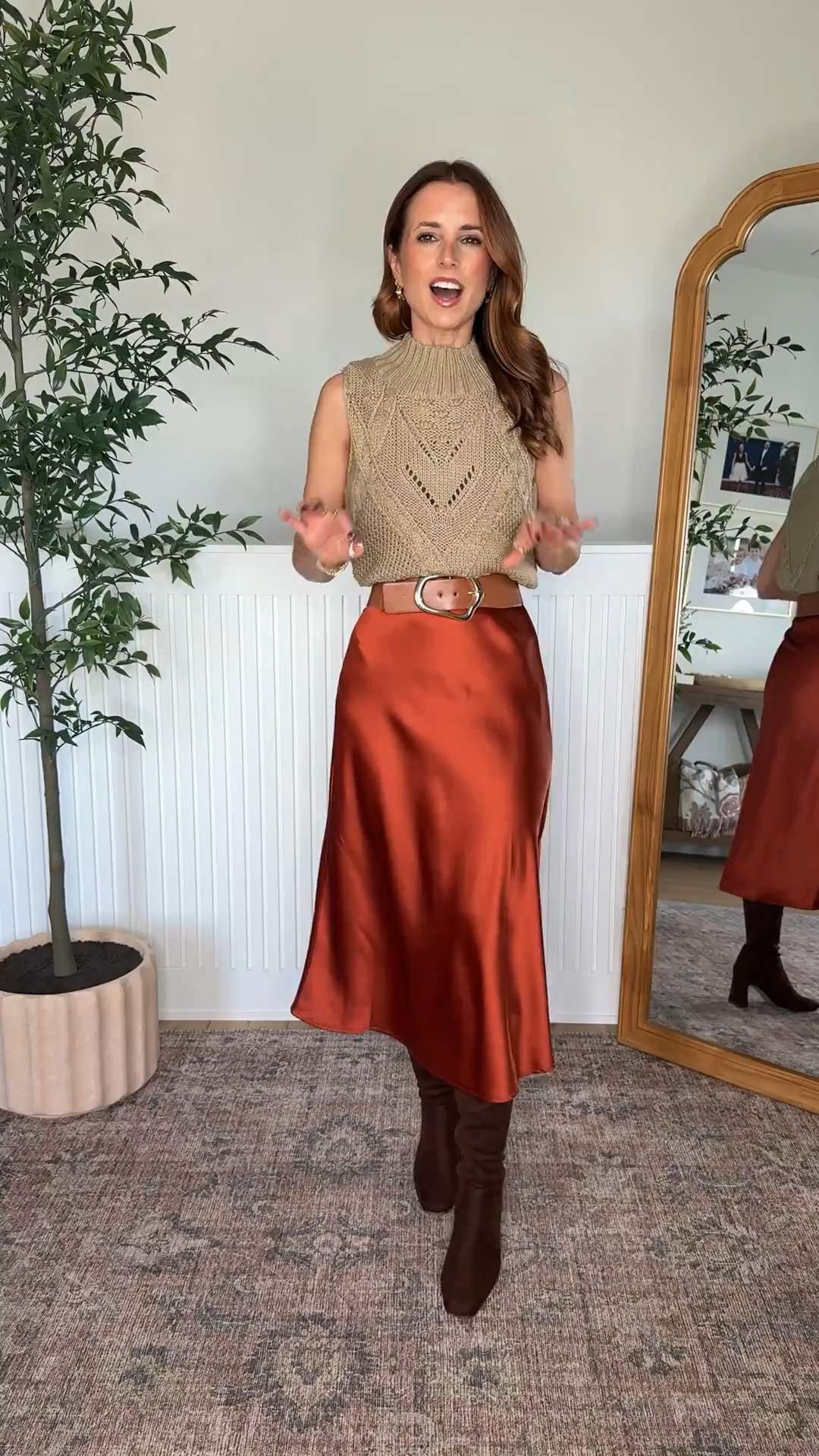 Amazon Thanksgiving outfits. Amazon Fall outfits. Amazon Christmas outfits. Satin skirts. Fall style. Party outfits. Amazon sweater top. Wearing smallest size in each. I went up half a size in knee high boots.

#LTKHoliday #LTKSeasonal #LTKParties