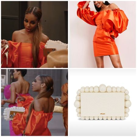Candiace Dillard’s Orange Off the Shoulder Dress and White Clutch 