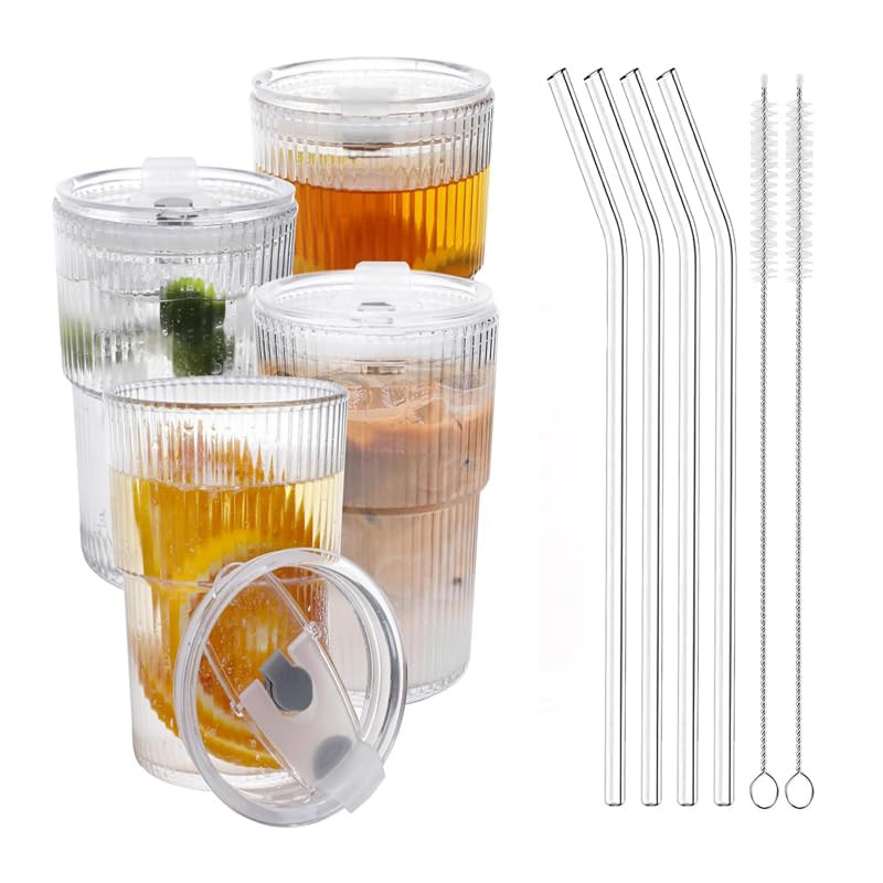 13 oz Glass Cups with Lids and Straws Set of 4, Iced Coffee Cups with Lids, Clear Ribbed Glasswar... | Amazon (CA)