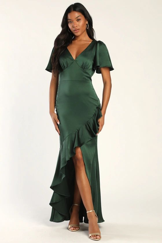 Eternal Bond Emerald Satin Ruffled Flutter Sleeve Maxi Dress | Lulus (US)