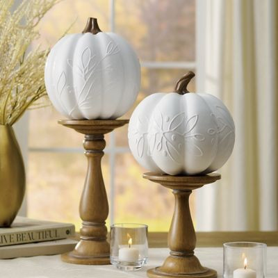 White Embossed Leaf Pumpkins, Set of Two | Grandin Road | Grandin Road