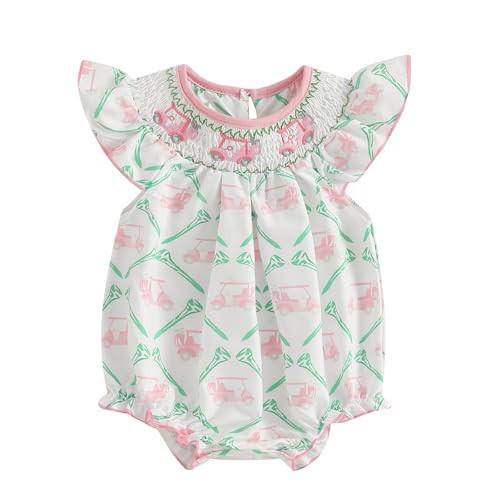 Chloefairy Newborn Baby Girl Golf Outfit Smocked Golf Cart Bubble Romper Ruffle Onesie Bodysuit Infant Summer Clothes (White, 12-18 Months) | Amazon (US)