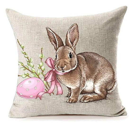 EASTER Rabbit with Egg Throw Pillow Cover, Spring Home Decorative Pillow, 18x18 Rustic Pillow Cas... | Etsy (US)