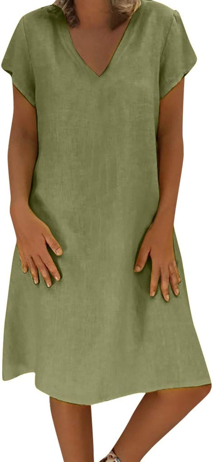 TIMEMEAN Linen Dresses for Women Summer V Neck Ethnic Sundress | Amazon (UK)